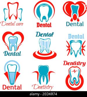 Emblemi di odontoiatria insieme di icone di studio dentistico, stomatologico e dentistico. Simboli dei denti isolati vettoriali per la clinica stomatologista, la clinica odontoiatrica. Segno Illustrazione Vettoriale