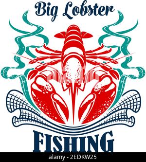 Icona di pesca di grande aragosta oceanica con rete di pesca pescatore o rete di pesca senna e alghe marine. Emblema o distintivo dell'industria della pesca per i pesci sportivi ricreazione Illustrazione Vettoriale