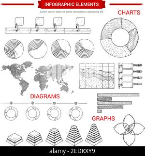 Elementi infografici o infocografici insieme di grafici vettoriali e grafici a torta di business, diagrammi delle mappe mondiali, statistiche sociali e demografiche, dinamiche di crescita b Illustrazione Vettoriale