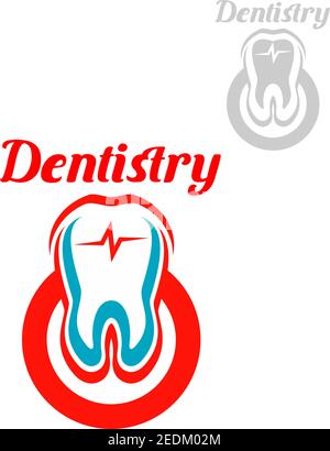 Emblema odontoiatrico con simboli vettoriali di denti bianchi con cerchio rosso e polso cardiaco. Icona isolata per dentista, ambulatorio di stomatologia o chirurgo dentale. Illustrazione Vettoriale