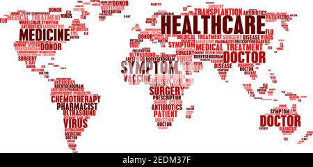 Il cloud medico e sanitario contrassegna le parole nella mappa del mondo. Concetto di cloudtag parola di salute, trattamento medico, diagnosi dei sintomi delle malattie dei pazienti, chirurgia t Illustrazione Vettoriale