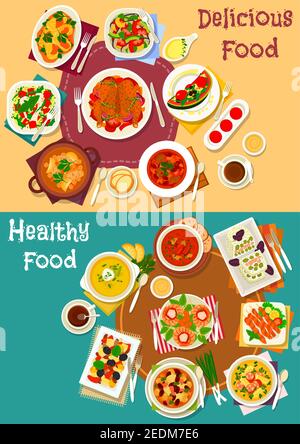 Piatti popolari per il menu della cena, icona con carne, fagioli, pomodoro, piselli, zuppe di zucca con salsiccia e peperoncino, gamberi alla griglia e pollo, salmone al formaggio Illustrazione Vettoriale