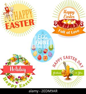 Set di etichette per la festa di Pasqua e la caccia alle uova. Uova di Pasqua, corona di fiori primaverili, cesto, agnello pasquale, croce e candela, completata da nastro ba Illustrazione Vettoriale