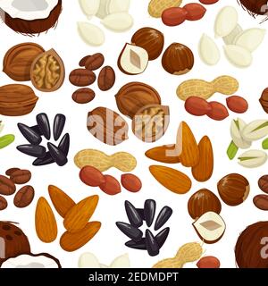 Noce, fagioli, semi e semi senza cuciture modello di arachidi fresche, fagioli di caffè, nocciole, pistacchi, mandorle, noce, cocco, zucca e semi di girasole. Hea Illustrazione Vettoriale