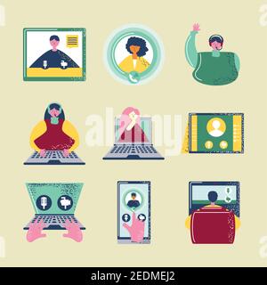 icone di videoconferenza, home del modulo di lavoro, social distancing, illustrazione vettoriale dei creatori di contenuti Illustrazione Vettoriale
