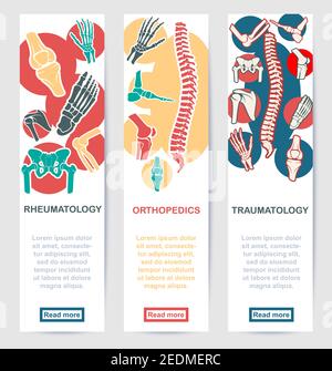 Modello di banner medico per la medicina ortopedica, traumatologica e reumatologica. Articolazioni e ossa sane di colonna vertebrale, gamba, mano, ginocchio, bacino e s. Illustrazione Vettoriale