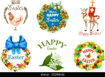 Set etichetta cartone animato Happy Easter Day. Decorato corona di uova di Pasqua con fiori di primavera, farfalle e fiocco di nastro, pollo, agnello di Dio con croce, lil Illustrazione Vettoriale