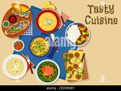 Piatti di pesce icona menu cena con kebab turco con riso, sandwich di pesce con verdure, zuppa di pesce russa, cotoletta di pesce portoghese, melanzane balcaniche così Illustrazione Vettoriale