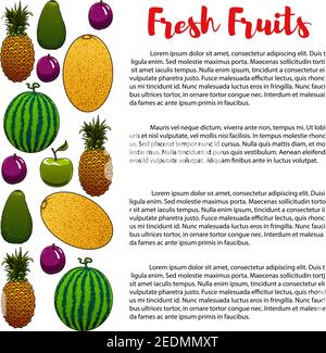 Banner o poster di frutta con informazioni sulla nutrizione della frutta con ananas, melone e anguria, esotico avocado tropicale o pera, mela e susina. Ve Illustrazione Vettoriale
