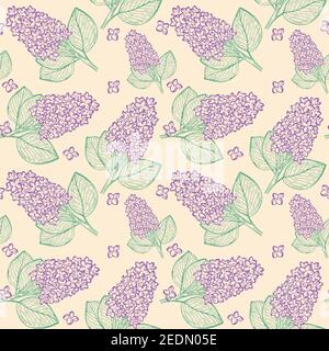 Pattern ripetitivo senza interruzioni con rami lilla. Vettore, motivo continuo con fiori viola. Sfondo per il design con fiori. Illustrazione Vettoriale