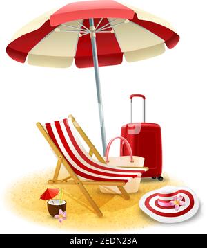 Sdraio da spiaggia e ombrellone con valigia e cartone da cocktail illustrazione vettoriale Illustrazione Vettoriale