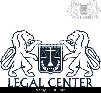 Icona del vettore del centro legale di advocacy e di legge con leoni araldici che tengono lo scudo delle scale di giustizia e della corona di alloro. Firma per società giuridica o advoca Illustrazione Vettoriale