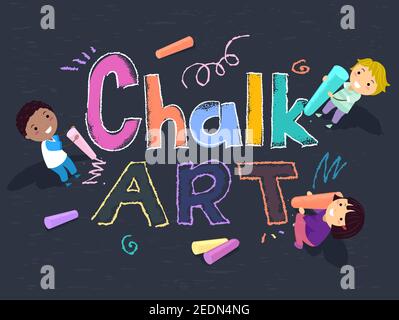 Illustrazione di Stickman Kids Holding calks e gesso artico doodling Lettere Foto Stock