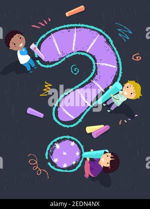 Illustrazione di Stickman Kids Holding calks e Drawing Doodles e. Punto interrogativo Foto Stock