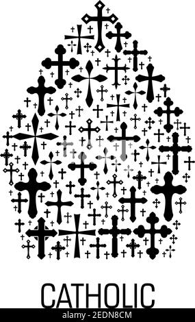Emblema religioso cattolico. Icona vettoriale del cappellino del papa del Vaticano fatto di modello crocifisso cristianesimo. Etichetta cattolicesimo per i religiosi cattolici Illustrazione Vettoriale