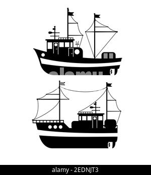 Silhouette della barca da pesca, Vista laterale, Trawler da pesca commerciale, produzione industriale di pesce, trasporto d'acqua, trasporto marittimo o oceanico Illustrazione Vettoriale