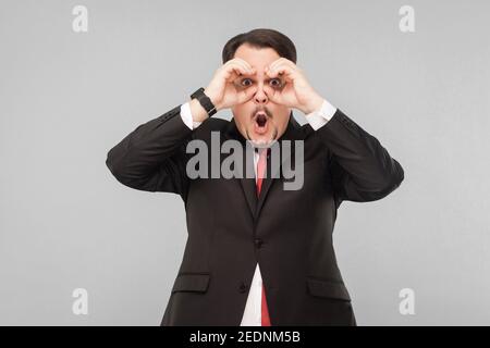 Meraviglia uomo d'affari che guarda lontano. Simbolo del binocolo. Interno, studio girato, isolato su sfondo grigio. Bell'uomo d'affari con vestito nero, cravatta rossa Foto Stock