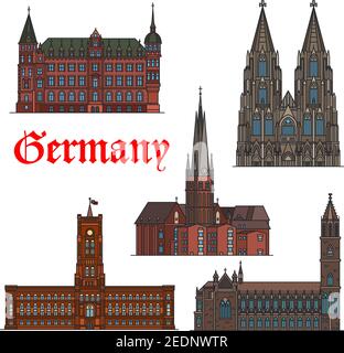 Simbolo tedesco di viaggio sottile linea icona insieme con il patrimonio architettonico della Germania. Cattedrale di Colonia, Chiesa di San Lambert, Municipio, Rotes Rathaus e. Illustrazione Vettoriale