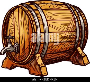 Barile di legno di birra o vino schizzo. Vecchio fusto di quercia con un rubinetto sul supporto in legno. Simbolo di bar, pub, cantina o birreria, design di bevande alcoliche Illustrazione Vettoriale