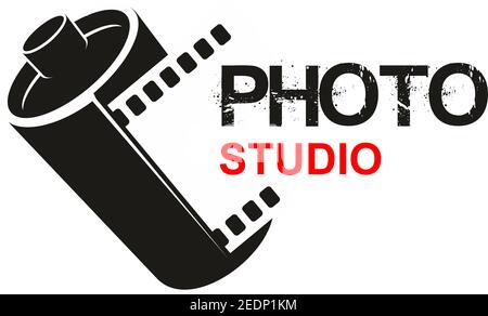 Immagine vettoriale di foto studio o scuola di fotografia. Simbolo o simbolo della cartuccia di pellicola per foto retrospettiva Illustrazione Vettoriale