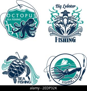 Pesca viaggio vettore icone di cattura e pesca Tackle. Emblemi di polpo e calamari, tartaruga e aragosta. Distintivi e nastri, canne di pescatore e ne di pesce Illustrazione Vettoriale