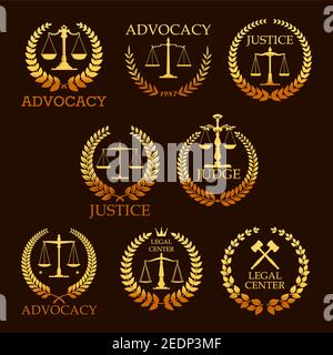 Giustizia e advocacy vettore gold icone. Emblemi araldici delle scale di legge e giudice gavel, corona di alloro. Segni d'oro per il centro legale, avvocato o cour Illustrazione Vettoriale