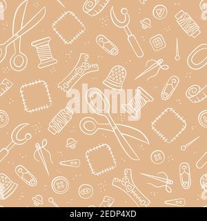 Attrezzi e accessori per cucire e per l'ago. Motivo senza cuciture in stile doodle e cartoni animati. Illustrazione Vettoriale