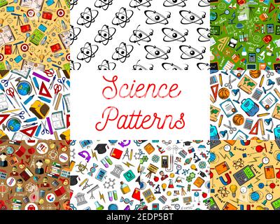 Modelli di scienza senza soluzione di continuità. Modello vettoriale di oggetti e simboli scientifici, forniture scolastiche e universitarie e cancelleria, atomo, formula, microscup Illustrazione Vettoriale