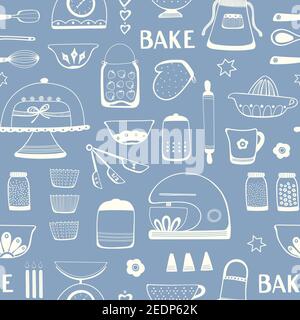 Disegno di modello di cottura. Vector ripetizione senza giunture degli utensili e degli ingredienti per la cottura della torta di casa. Risorsa di cottura domestica. Illustrazione Vettoriale
