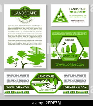 Set di modelli di banner aziendali per il design paesaggistico. Landscape architetto business card, paesaggistico e giardinaggio design studio flyer con giardino e parco l Illustrazione Vettoriale