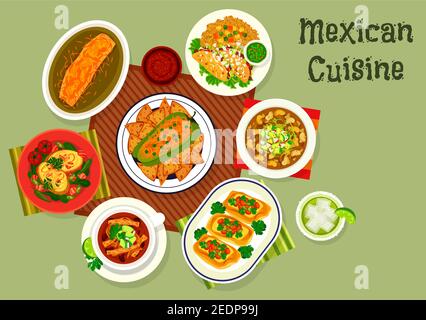 Cucina messicana tacos di manzo icona servita con guacamole e riso, pepe farcito con carne e formaggio, burrito al forno, zuppa di pollo con tortilla, patate Illustrazione Vettoriale
