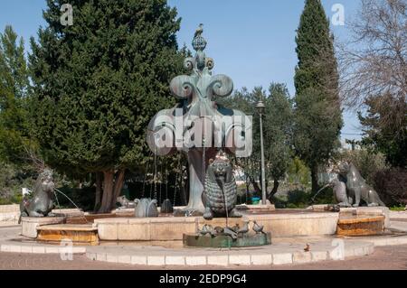 Israele, Gerusalemme, Giardino di Bloomfield, Fontana dei Leoni di Gernot Rumpf (1941) è uno scultore tedesco noto per la sua fontana e altri scultori bronzei Foto Stock