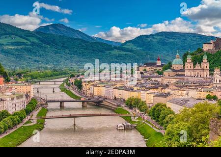 Salisburgo Austria, skyline della città di Salisburgo e fortezza Hohensalzburg Foto Stock