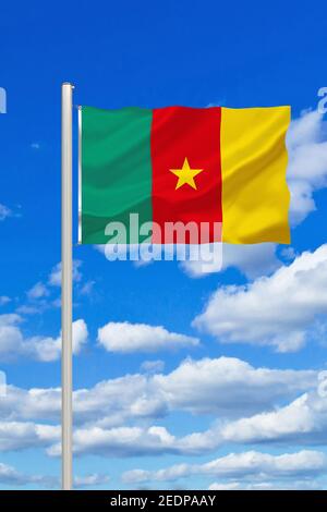 Bandiera di Kamerun contro il cielo blu nuvoloso, Camerun Foto Stock