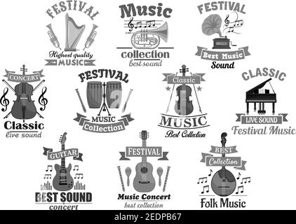 Set di simboli dello strumento musicale. Chitarra, piano, batteria, tromba, arpa, violino, corno e maracas con note musicali e treble clef, nastro banner e stella. Illustrazione Vettoriale