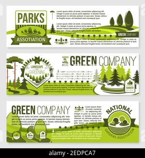 Set di modelli di banner per architettura paesaggistica e paesaggistica. City eco Park, giardinaggio paesaggistico e assistenza prato azienda Flyer con terre natura Illustrazione Vettoriale
