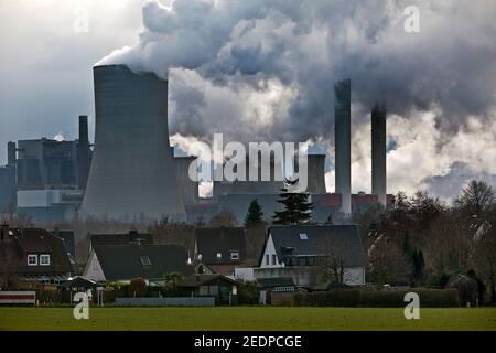 Case a Rheidt di fronte alla centrale a carbone Niedersaussem a Bergheim, Germania, Nord Reno-Westfalia, Bergheim Foto Stock