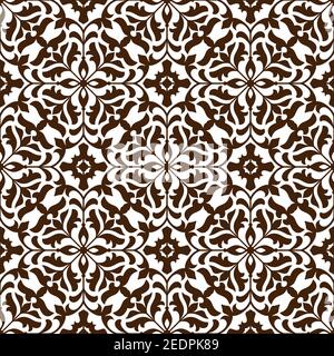 Damask motivo floreale senza cuciture con ornamento marrone di ciuffi floreali con fiori e foglie su sfondo bianco. Motivo stilizzato vintage per tegola o Illustrazione Vettoriale