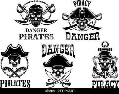 Pirata e Jolly Roger vettore icone di capitano cranio in tricorne cappello e eyepatch o bandana. Pirateria marinaio o ladro simboli o emblemi di spade, sa Illustrazione Vettoriale