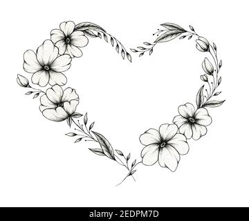 Illustrazione del cuore floreale vintage disegnata a mano con elementi botanici, arte del cuore di linea fine per il giorno della madre, San Valentino o matrimoni, floreale nero Foto Stock