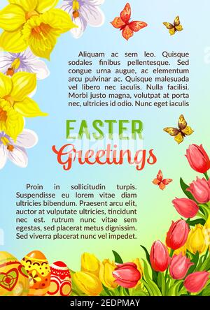 Poster dei saluti di Pasqua o modello di scheda con uova dipinte paschal e fiori di festa primaverile. Tulipani vettoriali o narcisi e farfalle. Catoli Illustrazione Vettoriale