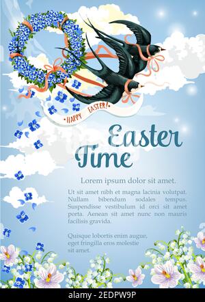 Poster di saluto del tempo di Pasqua o modello di biglietto con uccelli swallow che portano la corona floreale di fiori di primavera in cielo blu. Vector Resurrection Domenica o re Illustrazione Vettoriale