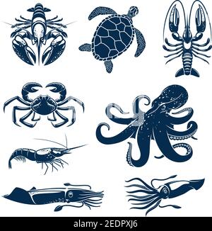 Set di icone di pesce e animali marini. Polpo, granchio, gamberi, calamari, aragosta, gamberi e tartarughe marine silhouette blu per il mercato del pesce, menu ristorante, und Illustrazione Vettoriale