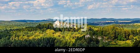 Podzamcze, Polonia - 25 agosto 2020: Panorama di Podzamcze e Gora Birow Monte antica roccaforte visto dal Castello di Ogrodzieniec nella regione della Slesia Foto Stock