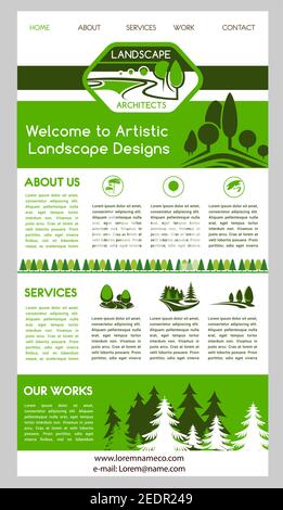 Modello di landing page per il sito Web di una singola pagina aziendale di architettura paesaggistica. Interfaccia intuitiva con menu di navigazione, intestazione e corpo, Illustrazione Vettoriale