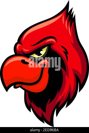Icona vettore di uccello cardinale. Testa di uccello rosso isolata con cresta e becco. Emblema per mascotte o blazon della squadra di sport, personaggio cartoon di gioco per entertai Illustrazione Vettoriale