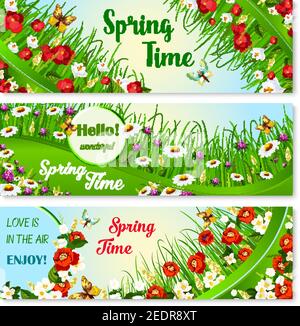 Ciao Spring vettore banner set. Fiori in fiore primaverile e citazioni di saluto. Benvenuto Primavera tempo disegno floreale con farfalle su papavero fiorisce un Illustrazione Vettoriale