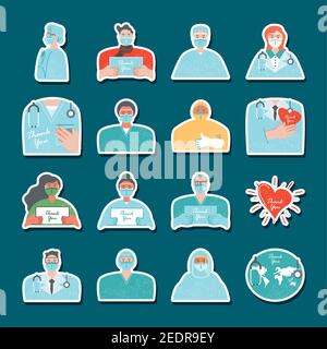 grazie, il personale medico personaggi cuore mondo, icone adesivi illustrazione vettoriale Illustrazione Vettoriale