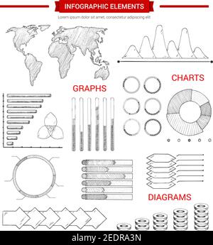 Elementi infografici, disegno di schizzo. Mappa del mondo disegnata a mano, grafico a barre, grafico a torta, diagramma a fasi con frecce e grafico impilato con puntatori e layout di testo. B Illustrazione Vettoriale