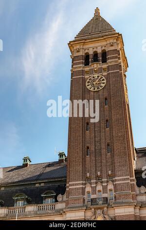 NORRKOPING, SVEZIA - 13 GIUGNO 2020: La torre dell'orologio del municipio della città. Foto Stock